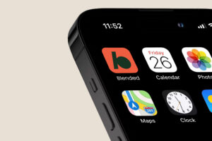A close-up image of app icons on an iphone home screen including one titled "Blended", a red icon with a black rectangle and circle leaning into each other.