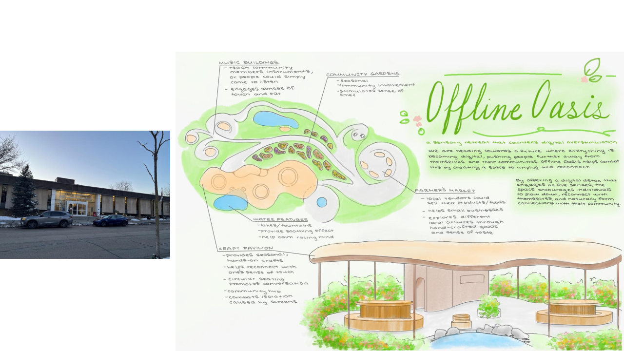 Design proposal with handwritten text and drawings of a community space with park and buildings