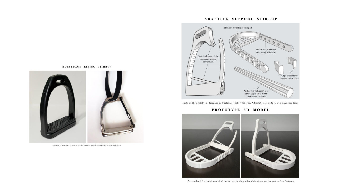 Standard support stirrup for riders on the left and a drawing and 3D rendering of a proposed design adapted for accessibility needs