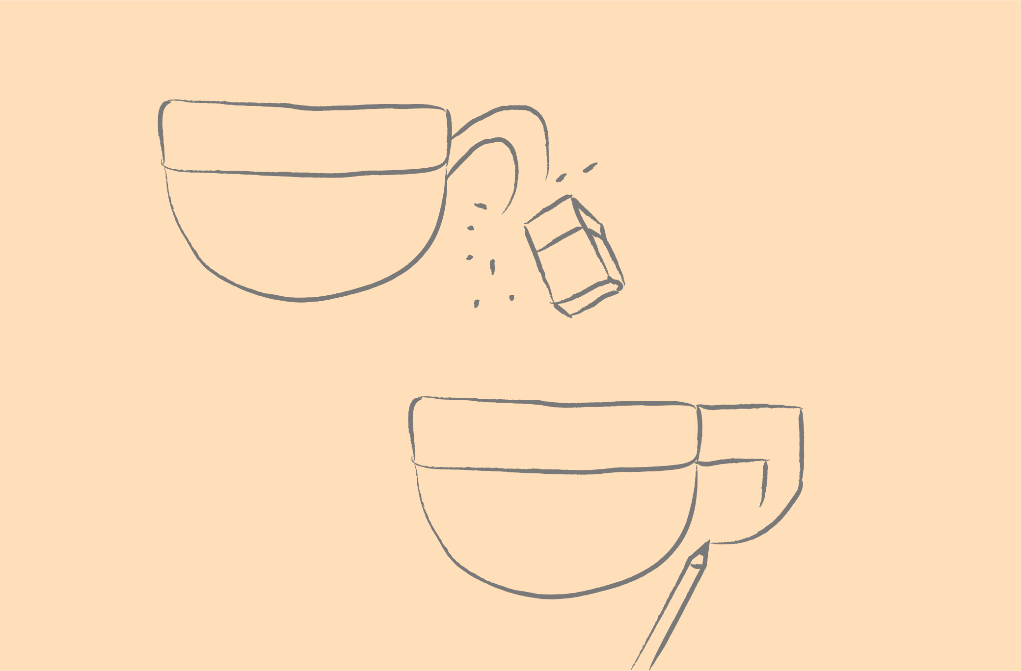 Illustration of the handle of a cup being erased and redrawn.