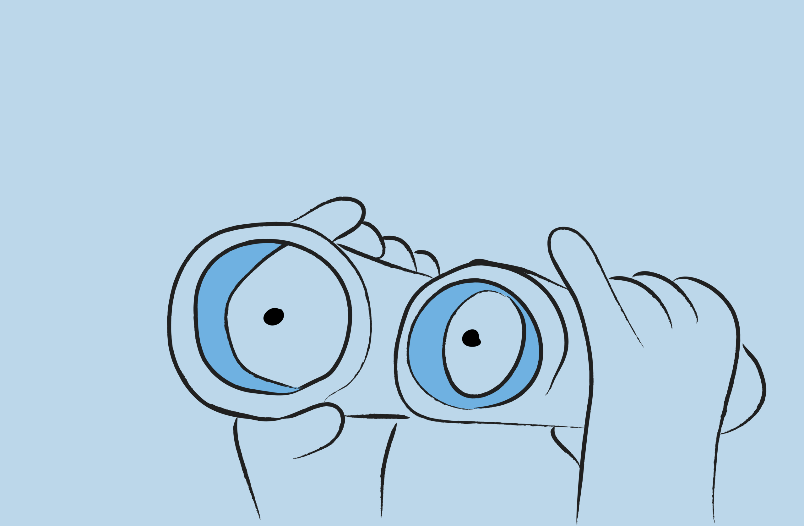 Cartoon illustration of two hands holding and looking through binoculars.
