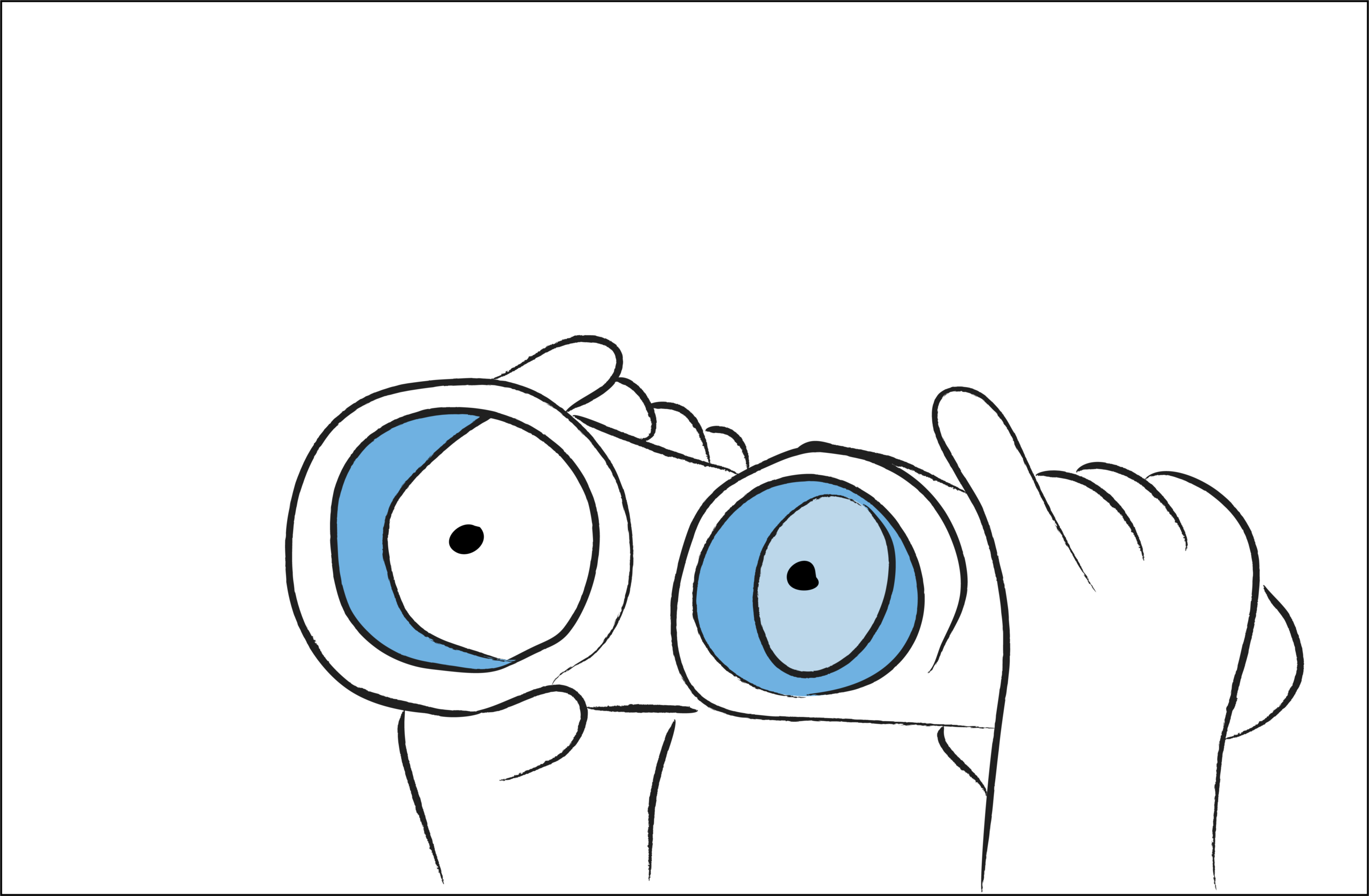 Cartoon illustration of two hands holding and looking through binoculars.