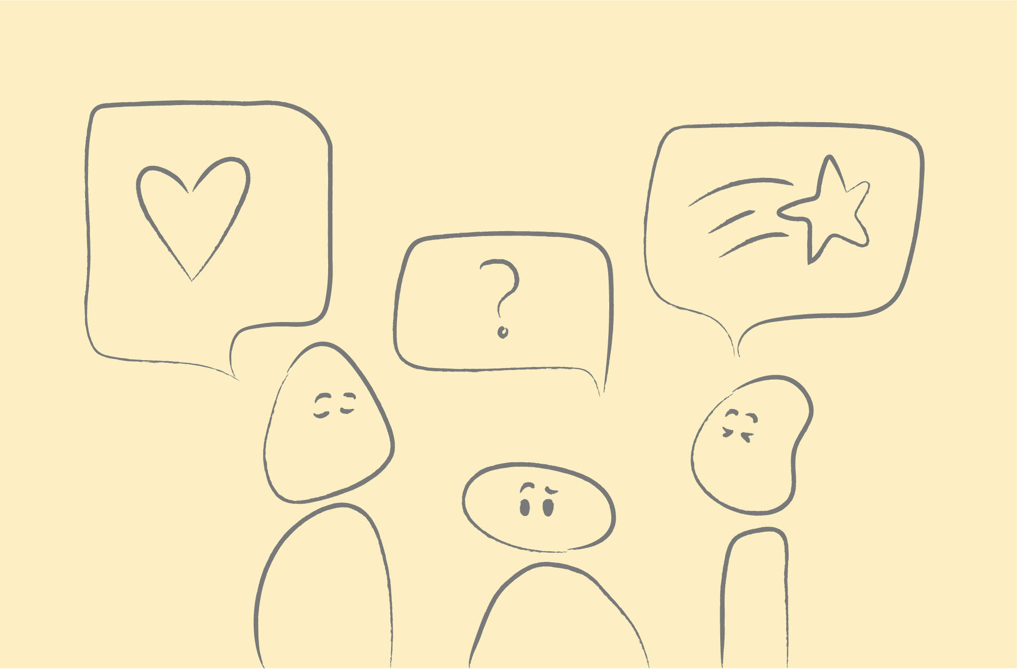 Illustration of three blob figures with different facial expressions. Above are speech bubbles each with a different symbol such as a heart, question mark, and a star.
