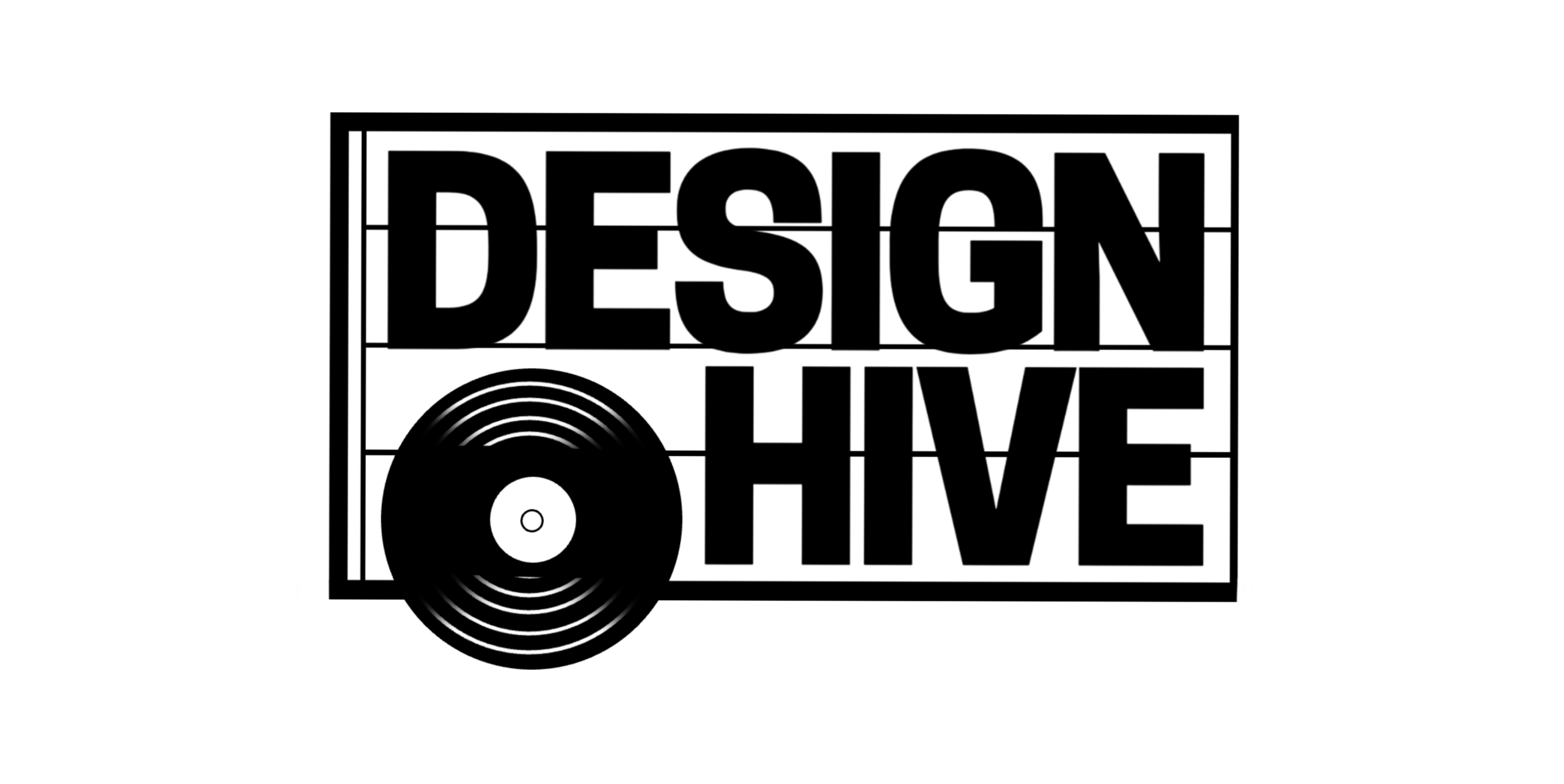 Bold, capitalized text that reads, "Design Hive". On the left is a record player.