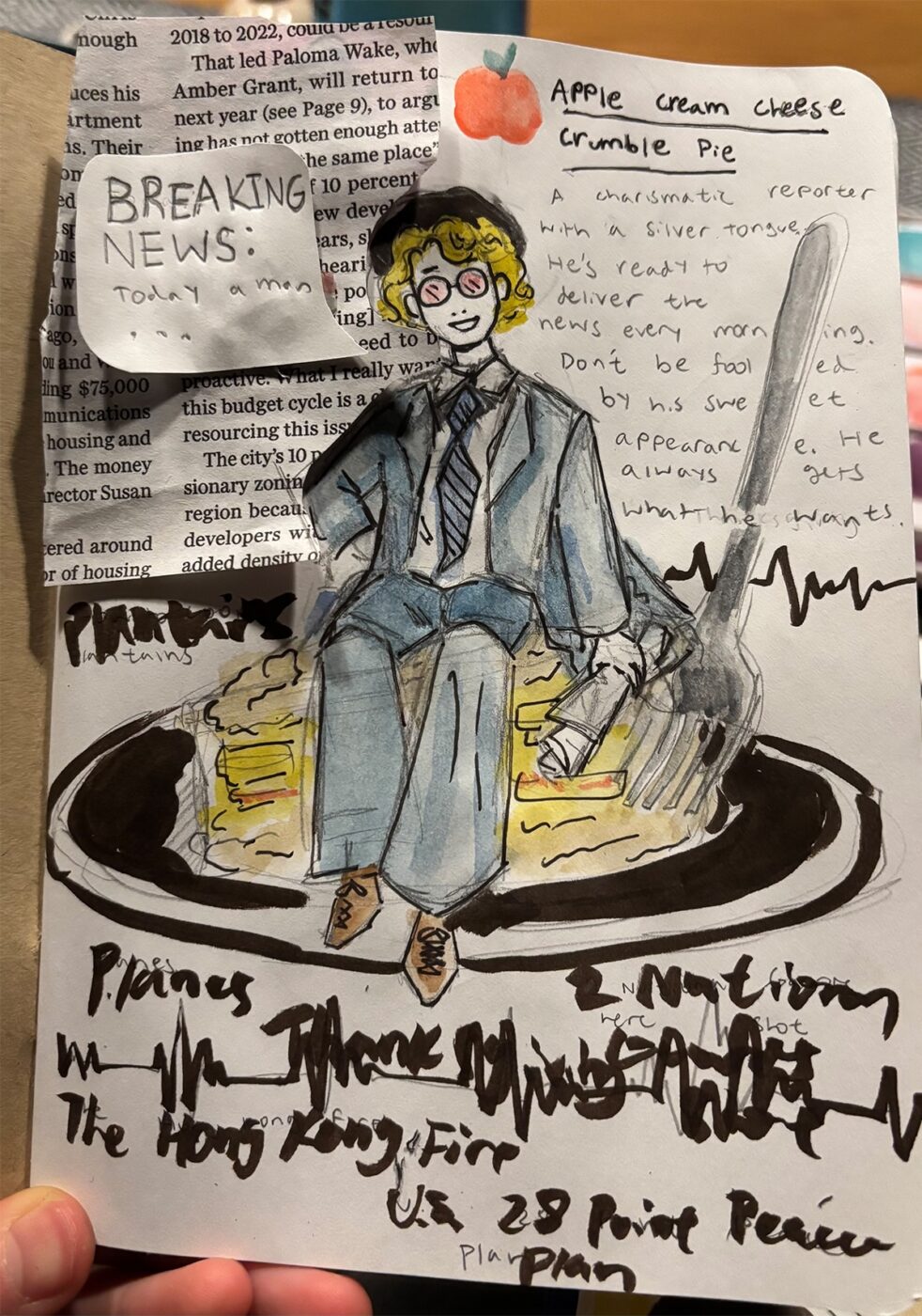 Person sitting on pie.