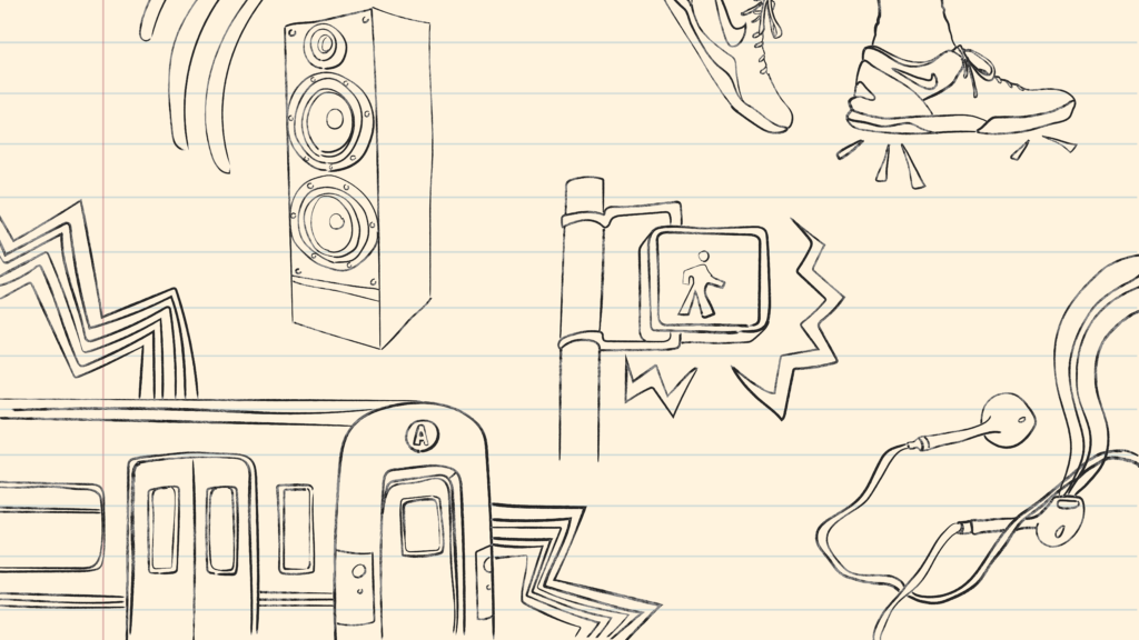 Multiple illustrations of objects that make noise from a speaker, headphones, train, walking sign, to sneakers.