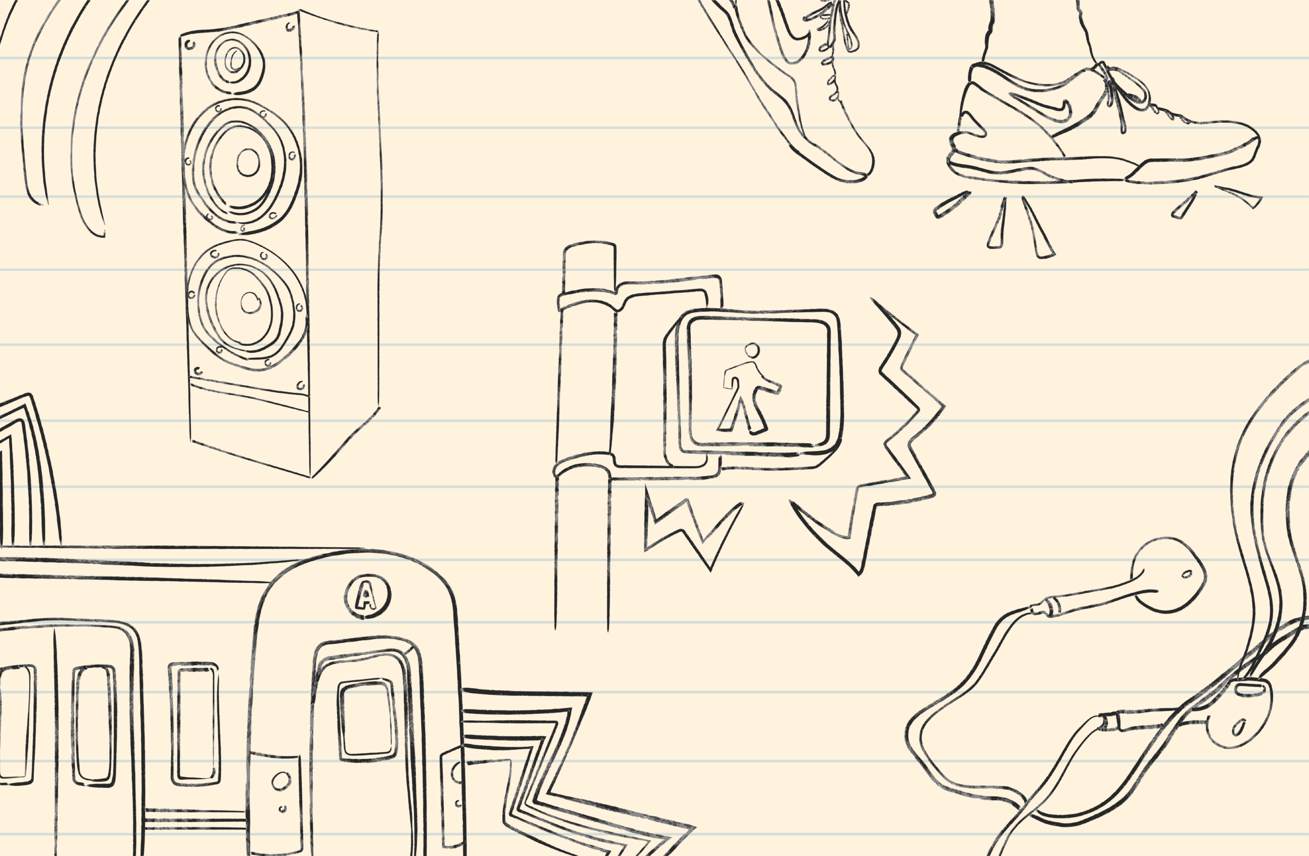 Black line drawings on a light tan, notebook-style background show everyday sources of sound. A tall speaker with sound waves radiating outward stands near the center. To the right, a pedestrian crossing signal with a walking figure is surrounded by jagged lines suggesting noise. Above, two sneakers appear mid-step with small marks indicating footsteps. Along the bottom left, a subway train with multiple doors runs horizontally. On the right, a pair of wired earbuds curves across the page. Wavy and zigzag lines throughout the image visualize movement and sound.