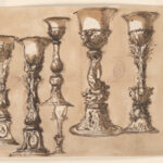 Sepia toned paper showing six chalices, most tall and slim like candlesticks, and ornately decorated.