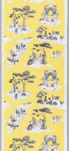 Repetive images of scenes of the human experience in black and white on a bright yellow background.