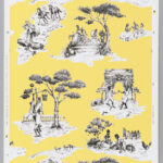 Repetive images of scenes of the human experience in black and white on a bright yellow background.