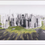Landscape photograph of the tip of the New York City skyline. Edited to be saturated with contrasted black, white, gray, and green colors.