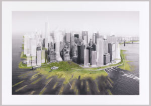 Landscape photograph of the tip of the New York City skyline. Edited to be saturated with contrasted black, white, gray, and green colors.