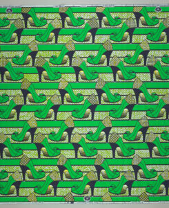 Textile printed with vibrant repeating pattern of high heeled shoes in bright greens and black on white.
