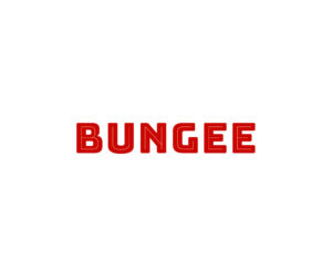 Digital print font of bold red text on a white background. The text reads "Bungee." There is a white inline in the center of the bold, all caps lettering.