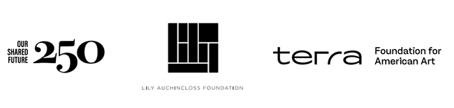 Logos for the Smithsonian’s “Our Shared Future: 250," the Lily Auchincloss Foundation, and the Terra Foundation for American Art.