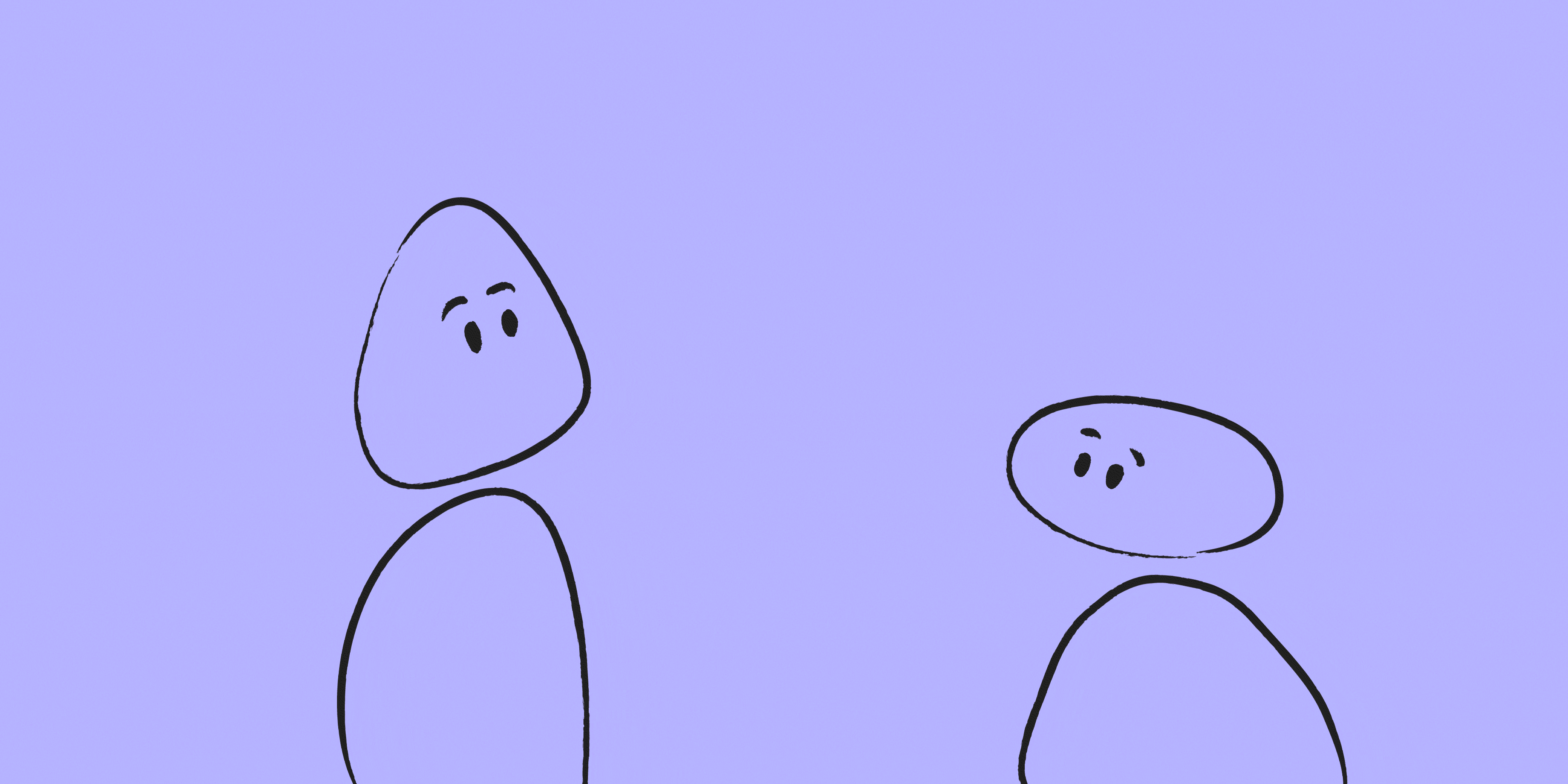 Two illustrated blob figures having a conversation. Conversation bubbles appear above their heads. The background is purple.