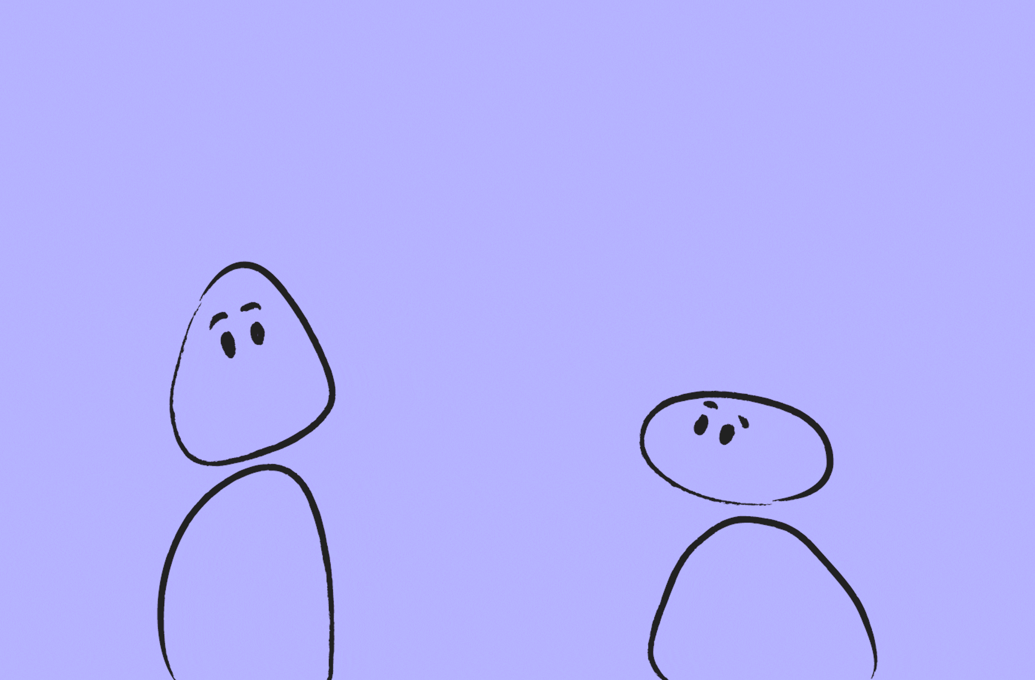 Illustration of two blob characters talking with speech bubbles over their heads.