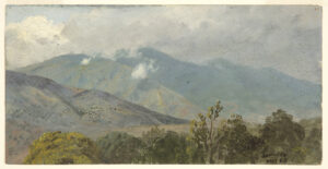 Painted sketch of stormy valley landscape. In the foreground, small hills covered in vegetation are in shadow.