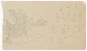Loosely sketched drawing of nighttime scene with a cluster of bamboo trees on left, and figure studies on the right.
