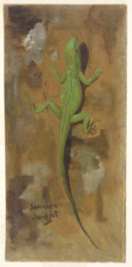 Detailed painted sketch of a bright green lizard with yellow eyes climbing a lightly sketched brown and grey background.