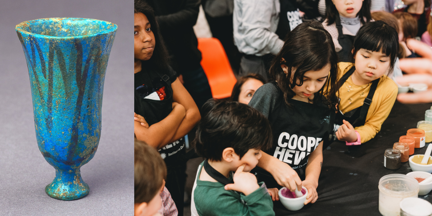 Lotus shaped cup on the left and children gathered around wearing aprons as one mixes something