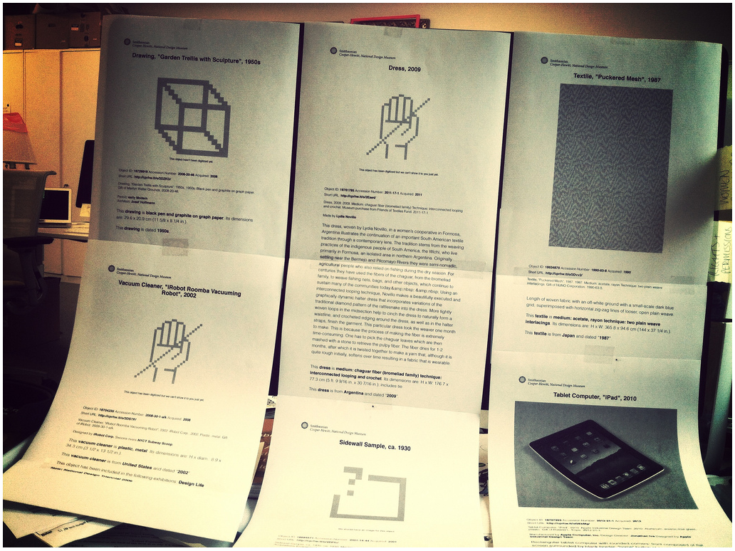 six printouts on standard paper from the collections website, taped in two rows to an iMac screen.