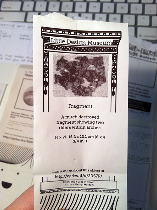 little printer printout with a collecitons object in the middle and graphics that borrow from the carnegie mansion architectural details.