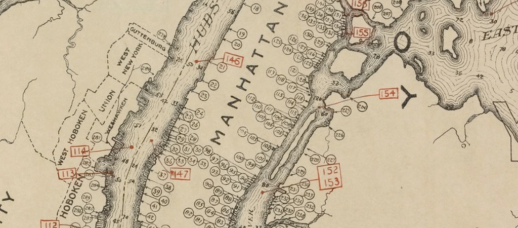 Extract from "Outline map of New York Harbor & vicinity : showing main tidal flow, sewer outlets, shellfish beds & analysis points.",  New York Bay Pollution Commission, 1905. From New York Public Library.