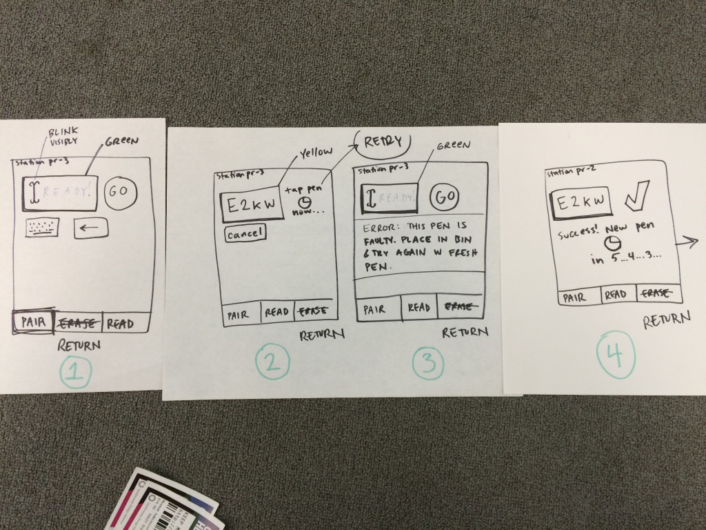 some marker sketches of a tablet interface with lots of scribbled notes