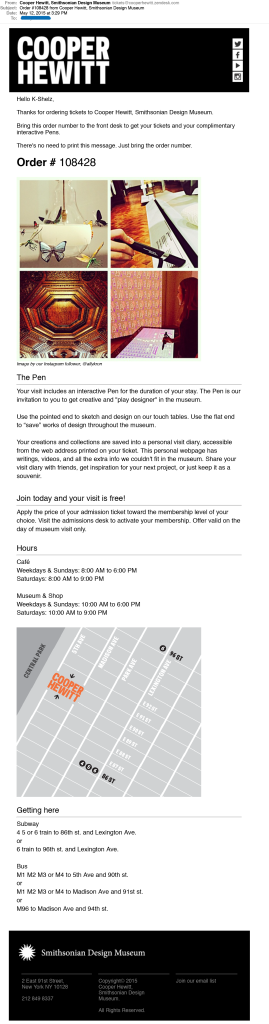 screen shot of an email with lots of information about cafe, hours, map, the pen, and an image of museum interior and pen usage.