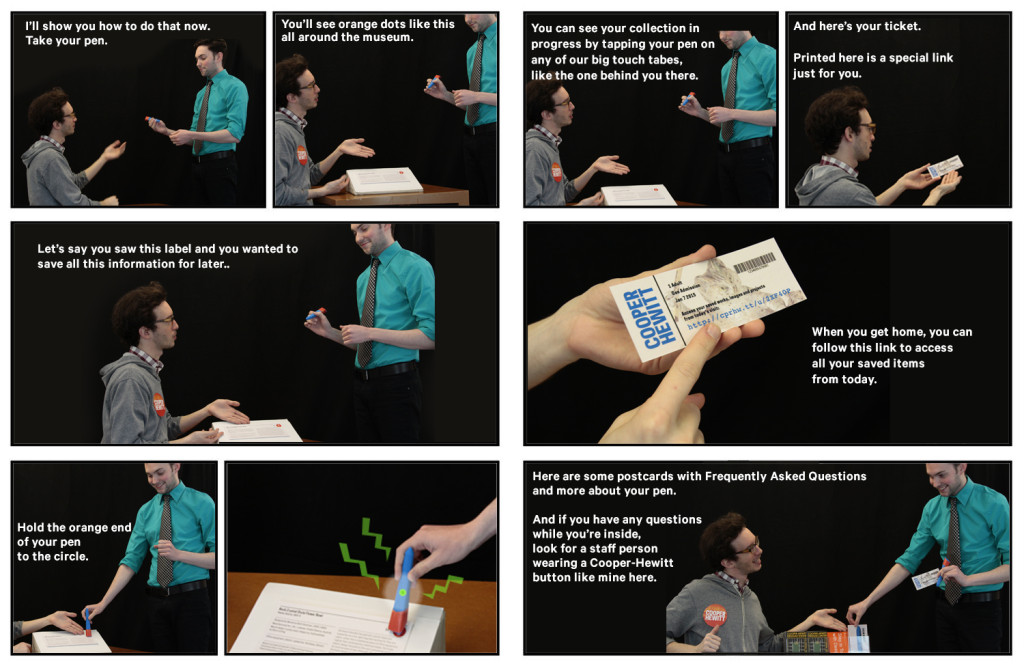 a comic-book style grid of photos showing a transaction between two gentlemen step-by-step