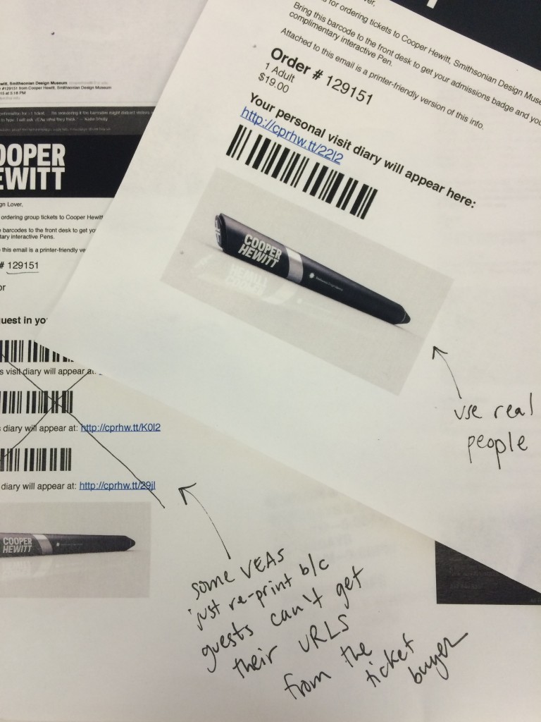 printouts of an email confirming tickets with barcodes and giant pen scribbled "x" with handwritten pen notes