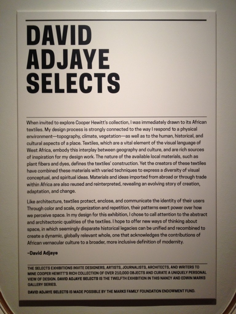 David Adjaye Selects introduction label, Cooper-Hewitt Smithsonian Design Museum, 2015