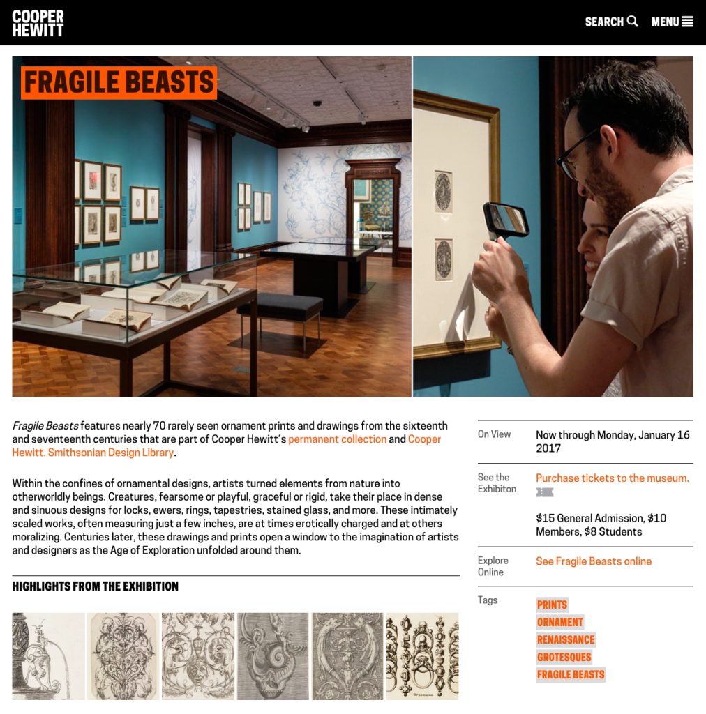 Screenshot of the Fragile Beasts exhibition channel page on cooperhewitt.org