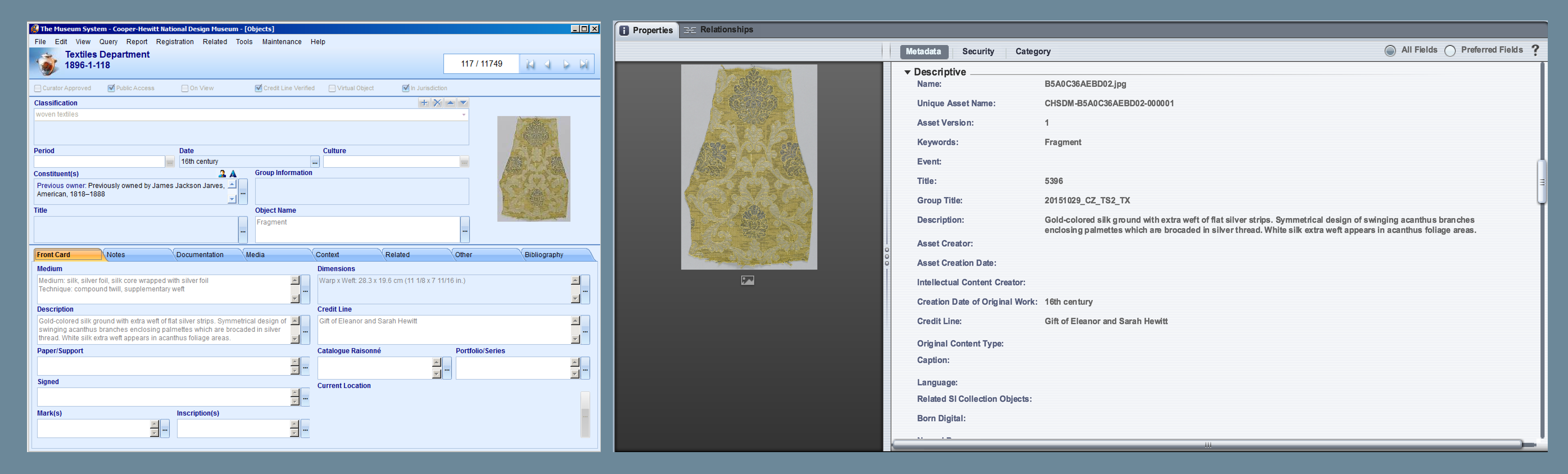 On the left, image of object record in The Museum System database. On right, object in the DAMS interface with mapped metadata from the TMS record. 